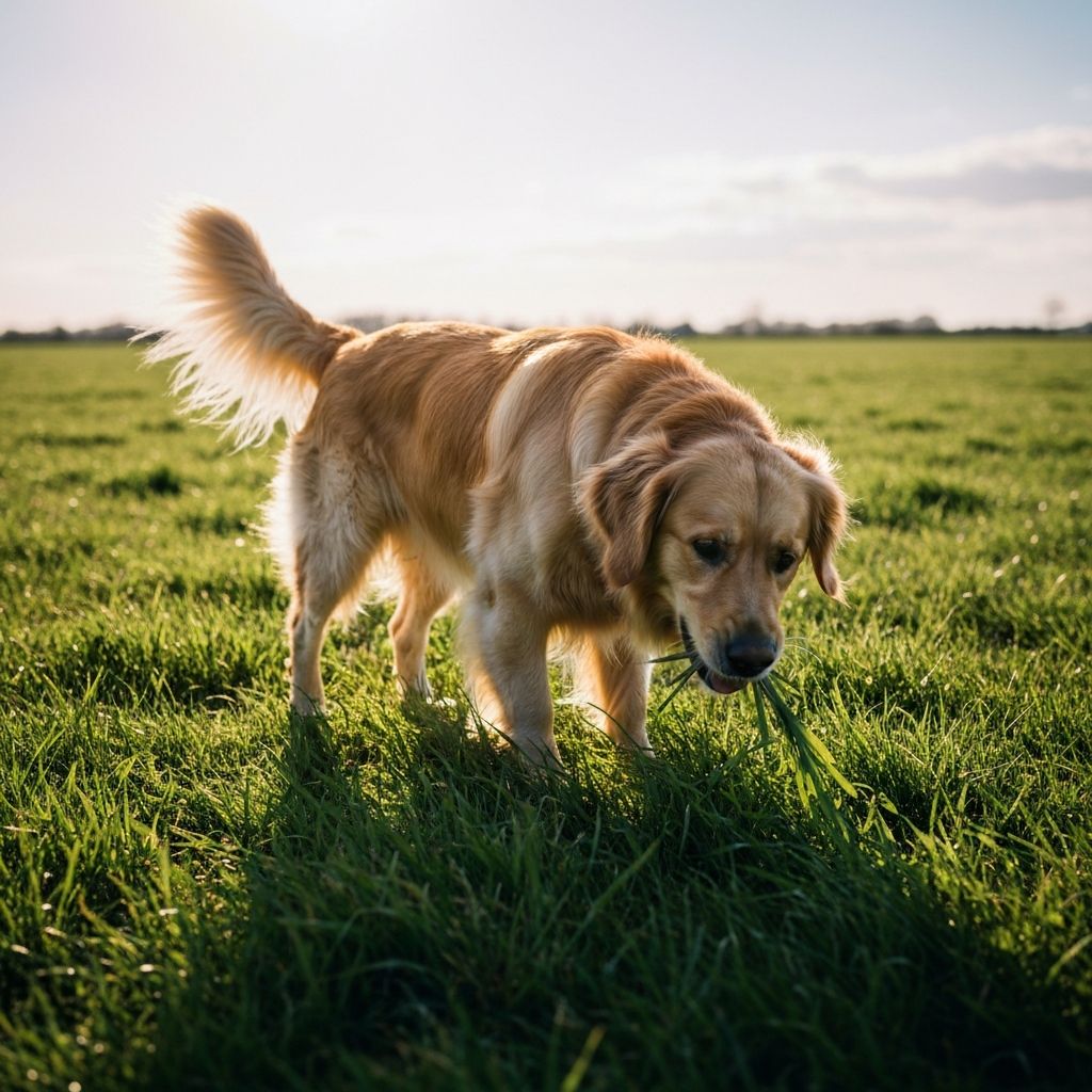 Hund frisst Gras auf grüner Wiese